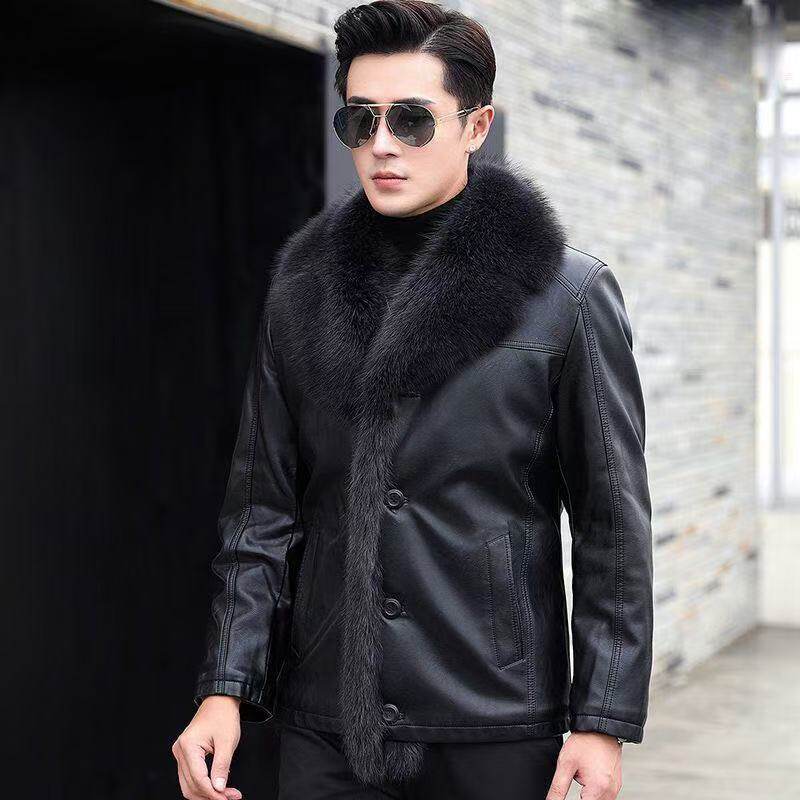 海宁男士皮衣皮草绵羊皮真皮皮毛一体貉子毛领男装加厚翻领皮夹克