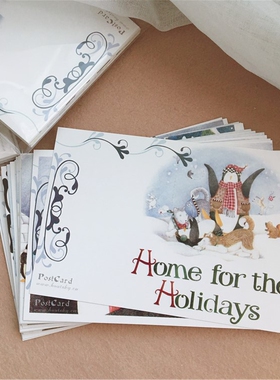 SAN 手绘本插画有爱的企鹅家族冬日圣诞新年祝福贺卡明信片28张