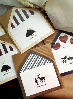 私级文艺 韩国牛皮纸信封卡通黑白贺卡/卡片 3款 鸟/树/女孩与鹿