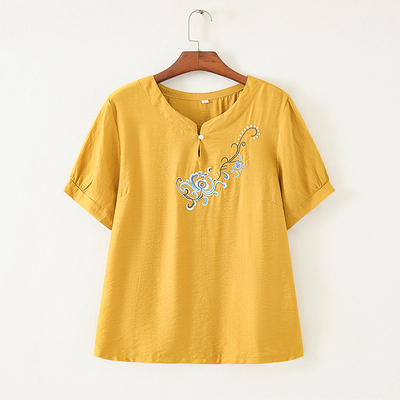 棉麻女装加大码绣花夏装文艺短袖