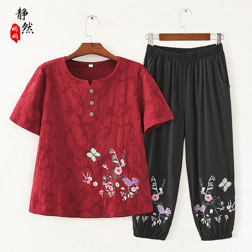 中年妈妈夏装棉麻绣花宽松上衣