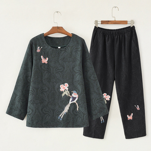 棉喜鹊图案装 妈妈装 绣花宽松洋气上衣两件套 长袖 中老年套装