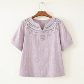 夏装 小V领绣花提花棉麻短袖 加大码 上衣老年女装 T恤女盘扣圆领夏季