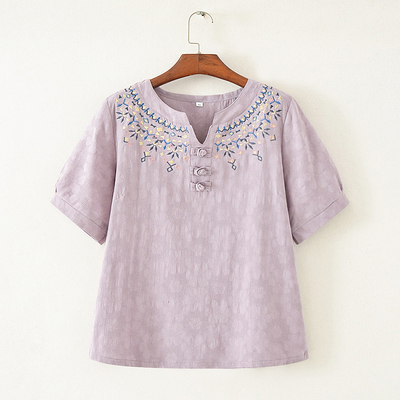 小V领绣花提花棉麻短袖T恤女