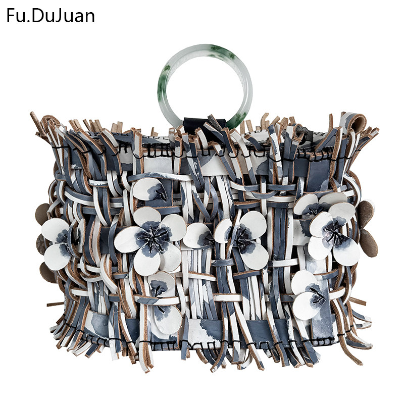 Fu.DuJuan 孤品稀缺 青花瓷玉镯包 牛皮编织艺术高端 斜挎手提包