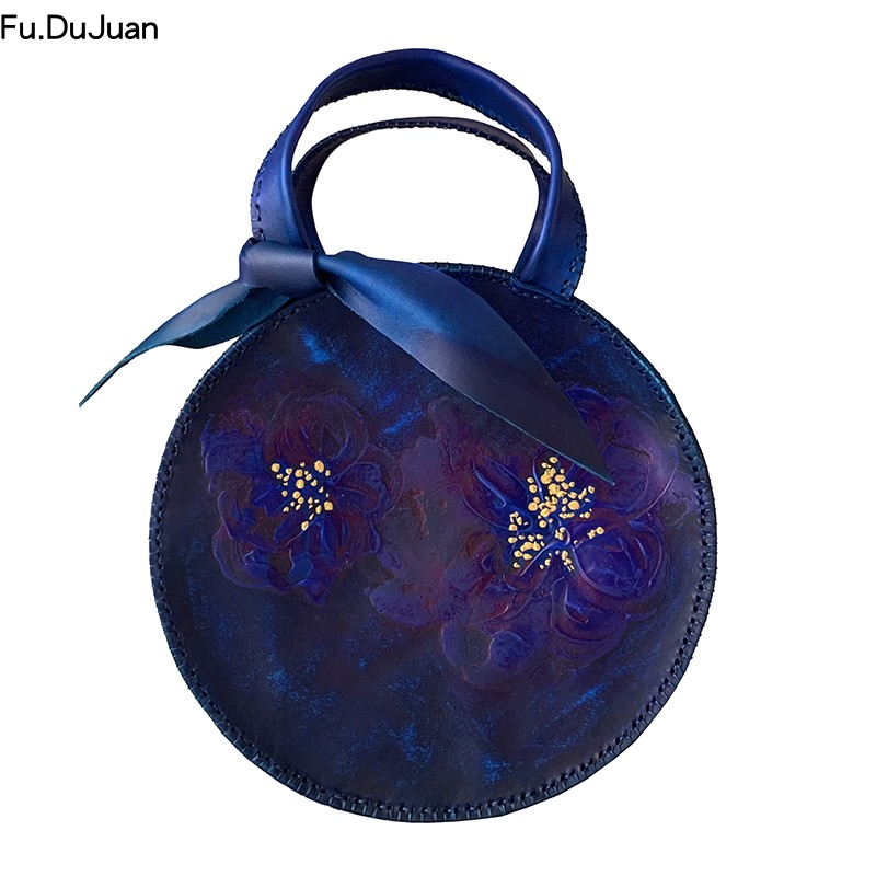【蓝牡丹】中国设计师 Fu.DuJuan 手提包 手绘 斜挎包 宝蓝圆女包