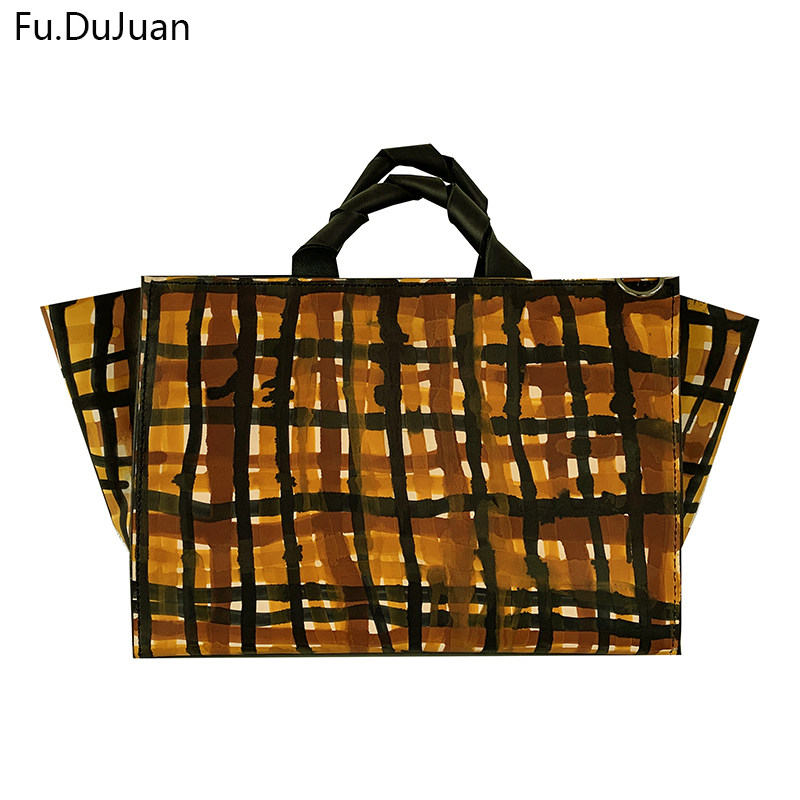 Fu.DuJuan 【无界】小众原创手绘黄格纹大容量 手提单肩包 斜挎包