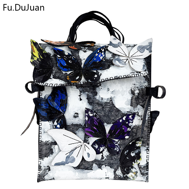 【蝴蝶】稀缺拼接设计艺术包 Fu.DuJuan 双肩包 手工手绘植鞣牛皮