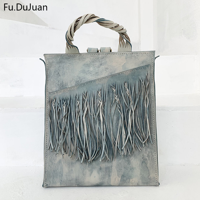 Fu.DuJuan 设计师包 复古怀旧背包 流苏做旧 双肩包 烟灰蓝 小众