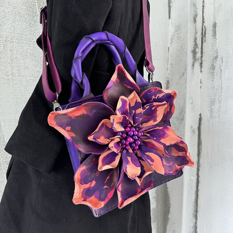 【绽放】 真皮手工包优雅女 花瓣包 紫粉 高贵气质 手提包 斜挎包