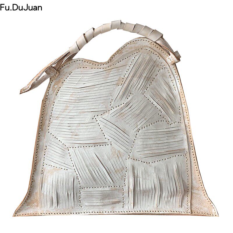 Fu.DuJuan 【归朴】设计 手提包 植鞣 拼接艺术 白洁净异形双肩包