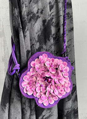 Fu.DuJuan 水墨紫色 雅致花朵 植鞣皮单肩斜挎包 编织国风 优雅包