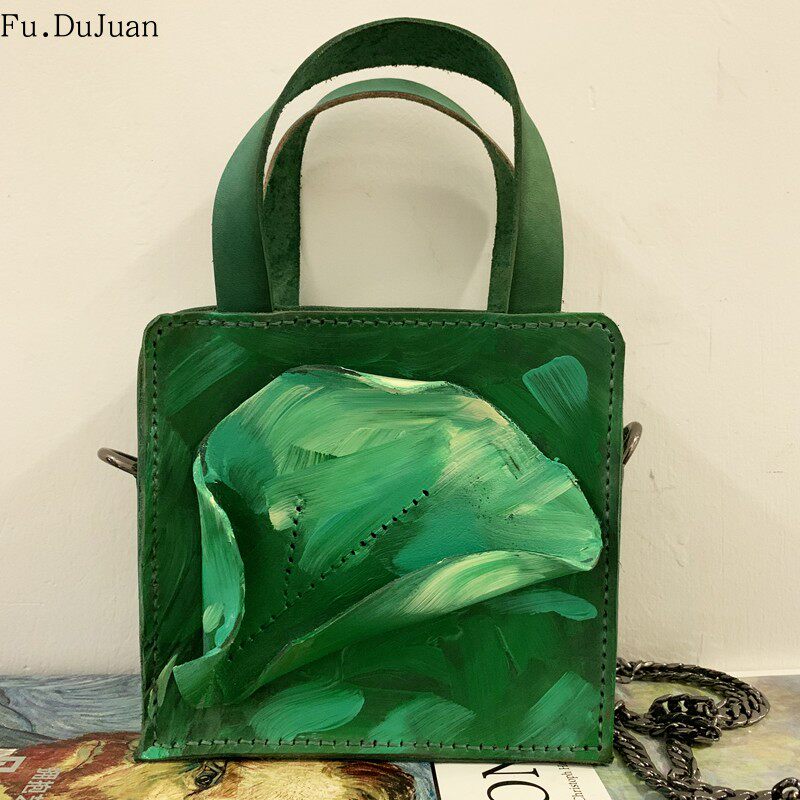 孤品 手绘立体花艺术链条包 斜挎包 手提 植鞣皮包 手工绿包