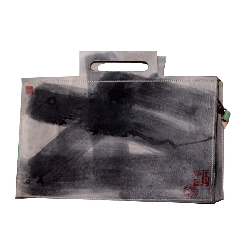 原创设计师水墨女款文艺真皮手提包 进口牛皮斜跨单肩包手工定做