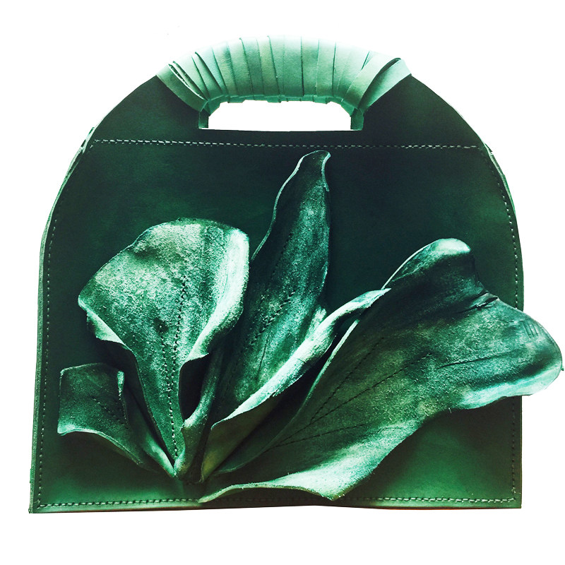 设计师包 绽放绿 双肩包立体艺术手工包 原创手提包 植鞣牛皮肩包