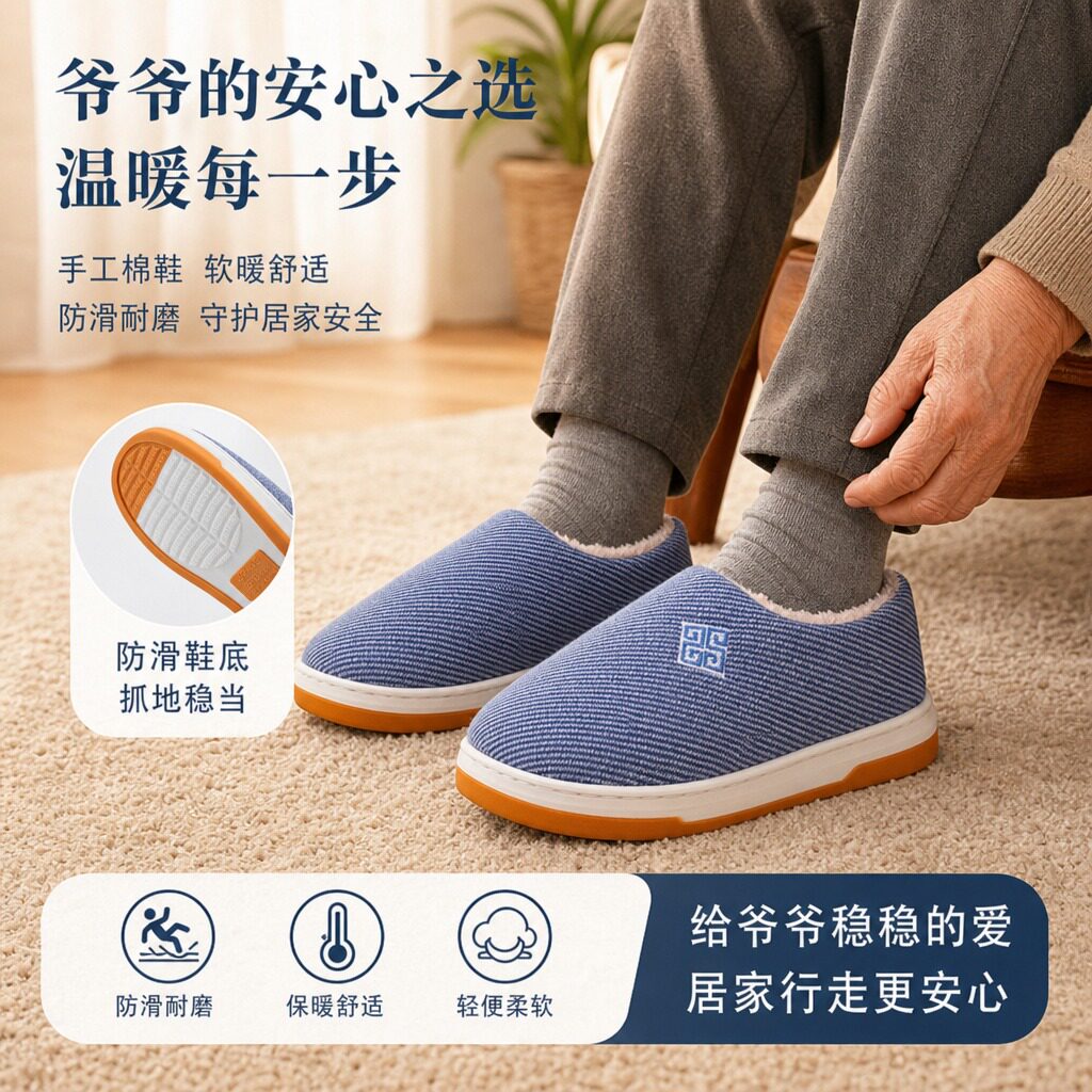 老人保暖棉鞋男式2026新款家居加绒加厚防滑防摔牛筋底包跟棉拖鞋图片