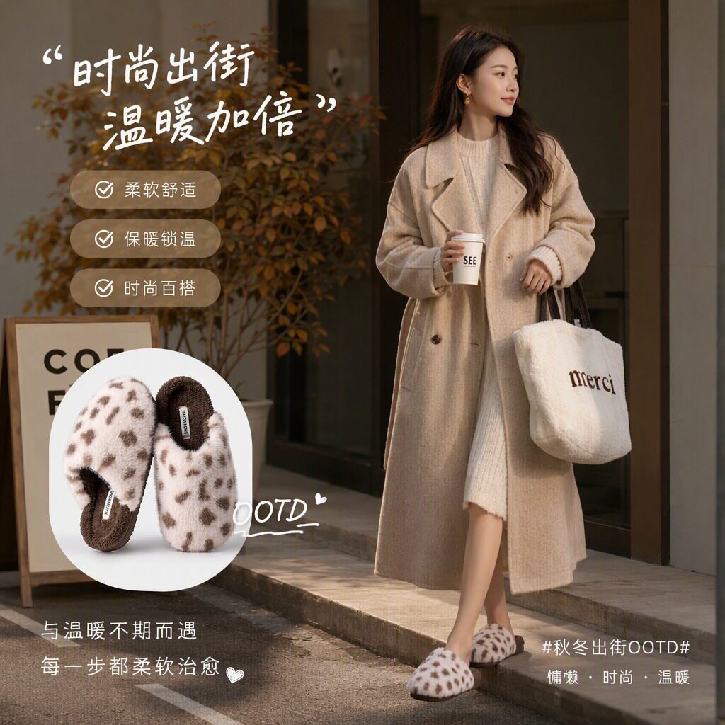 豹纹毛毛拖鞋女秋冬季外穿防滑保暖棉拖鞋冬天居家时尚洋气毛拖鞋图片