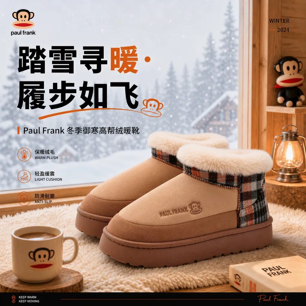 大嘴猴棉拖鞋男款秋冬季毛毛绒保暖加厚底高帮防滑外穿雪地靴情侣