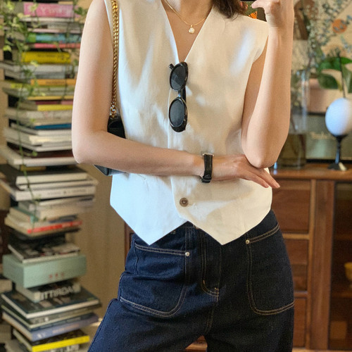 NEKODIARY丨夏日时髦精 法式chic棉麻白色马甲背心V领宽松马夹