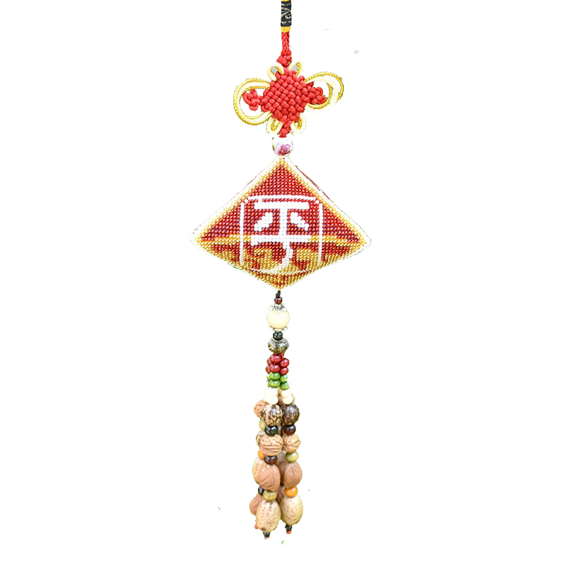 红色印花全珠绣平安福自己挂件