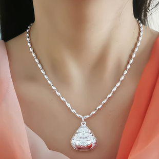 纯银项链女佛公999纯银百搭简约锁骨链足银圆珠银链子小胖佛吊坠