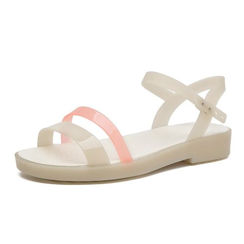 新夏果冻一字软胶凉鞋搭扣低跟塑料雨天女鞋海滩鞋宽脚胖脚可湿水