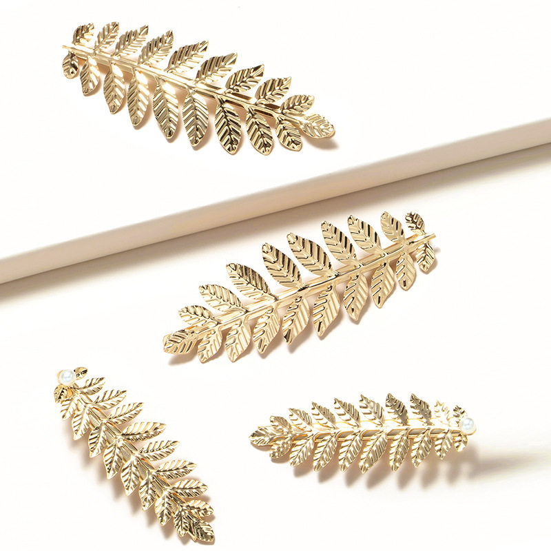 欧美金属哑金树叶发夹复古森系珍珠树叶鸭嘴夹简约个性冷淡风边夹