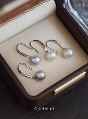 法式复古澳白色灰色天然珍珠耳环女925银耳钩简约百搭耳坠耳饰