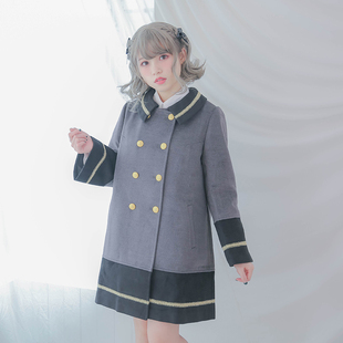 Dolly Delly 原创设计原宿军装风拼色宽松蕾丝双排扣毛呢大衣外套