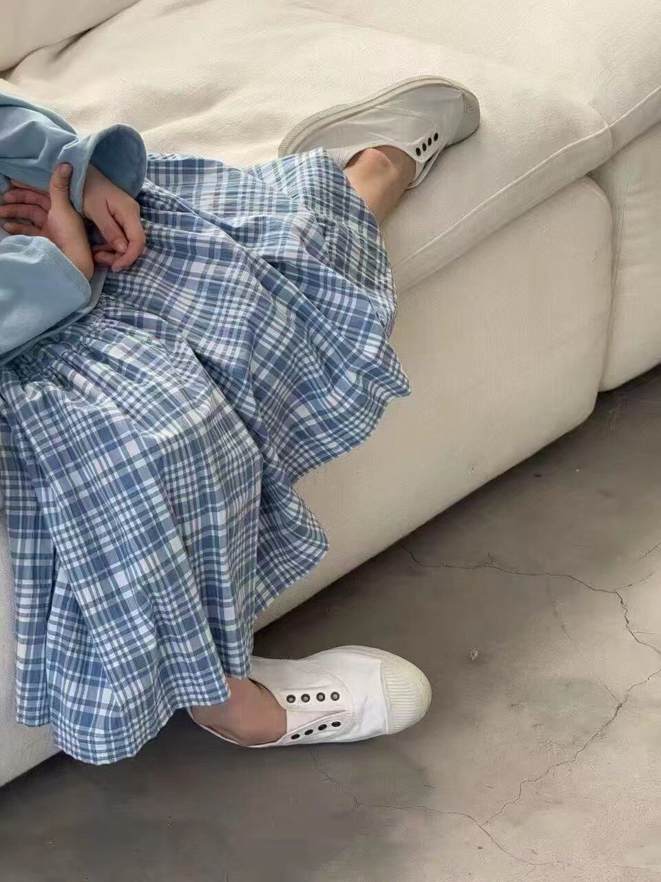 2026夏季新款儿童韩版女童天蓝色格子半身长裙中大童裙子