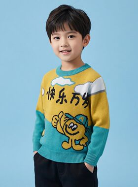 Abckids卡通撞色圆领童针织衫
