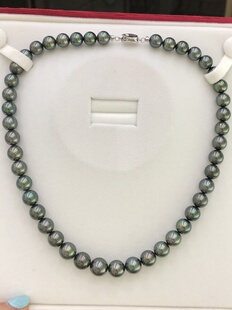 天然海水大溪地黑珍珠8.3 10.8Mm正圆强光带孔雀绿极细微珍珠项链