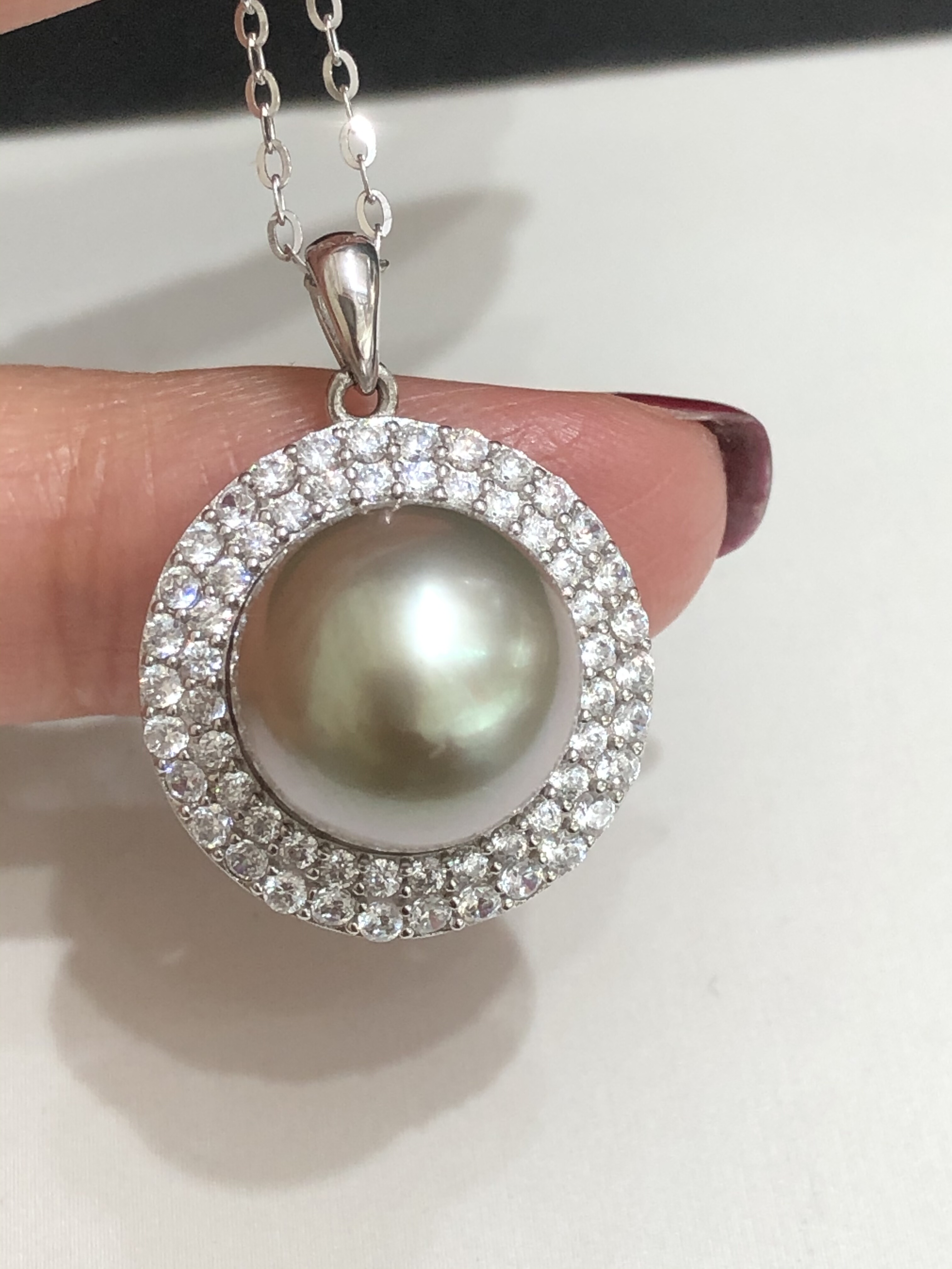 天然海水大溪地铂金灰太阳花海水珍珠12-13Mm正圆海水吊坠项链女