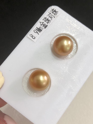 纯天然海水南洋金珠浓金8.9Mm正圆无暇对珠变态浓金皮层细腻金珠