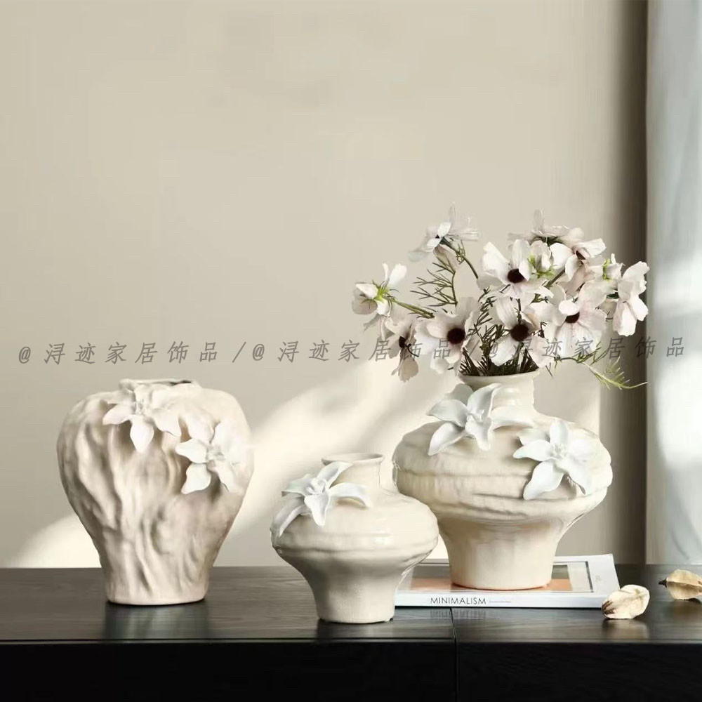 现代简约手工陶瓷花瓶白色立体花朵装饰摆件客厅书房创意装饰品