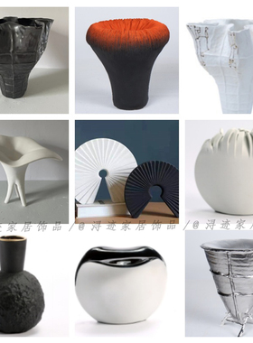 现代复古罗马柱荷叶扇形状素色异形几何镂空陶瓷干花瓶样板间软装
