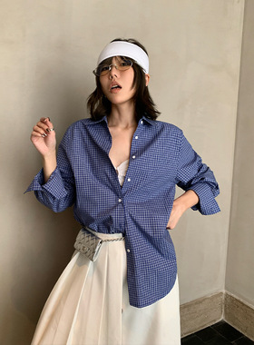 纯棉格子蓝色衬衫女秋季宽松显瘦长袖上衣外套