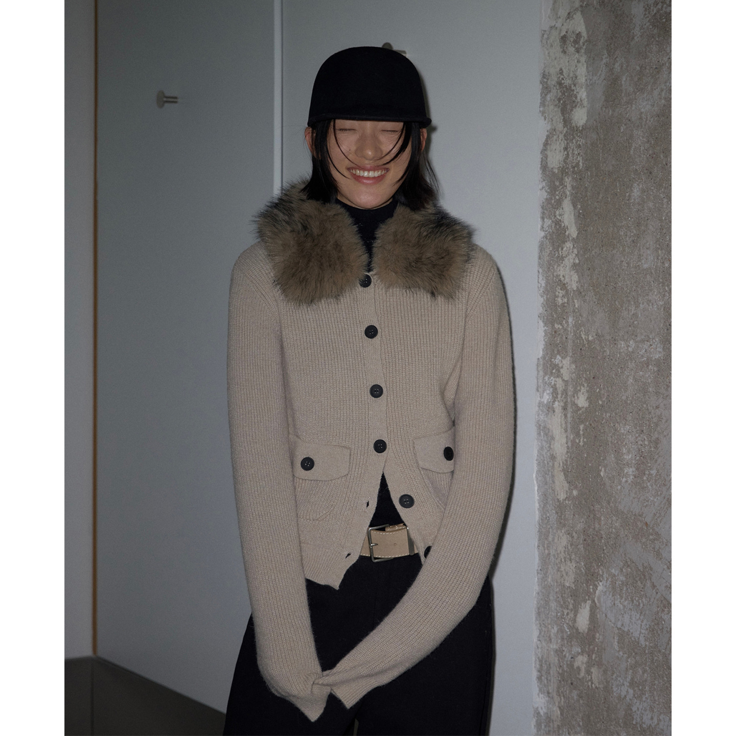 韩系复古大毛领开衫女冬季温柔风气质针织外套