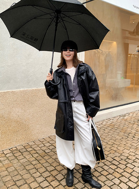 68hours 设计感小众夹克风衣女秋季中长款气质黑色外套