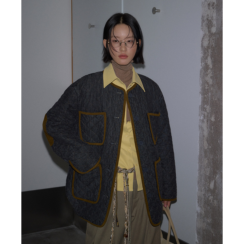 洗水牛仔菱形格棉服女冬小众设计感老钱风外套