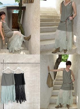 68Hours不规则拼接雪纺半身裙夏季绿色高腰裙子250765