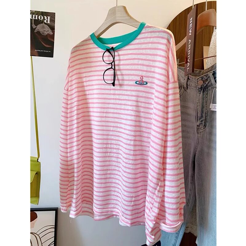 特大码300斤拼色条纹长袖防晒T恤衫女夏胖mm宽松显瘦减龄百搭上衣