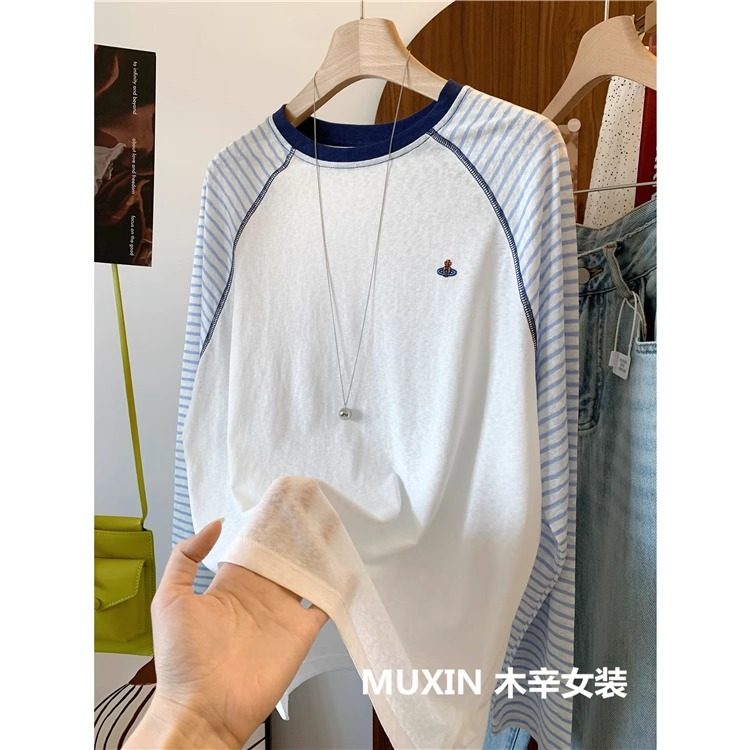 胖MM300斤插肩袖刺绣条纹防晒上衣女夏季大码宽松薄款韩版长袖T恤