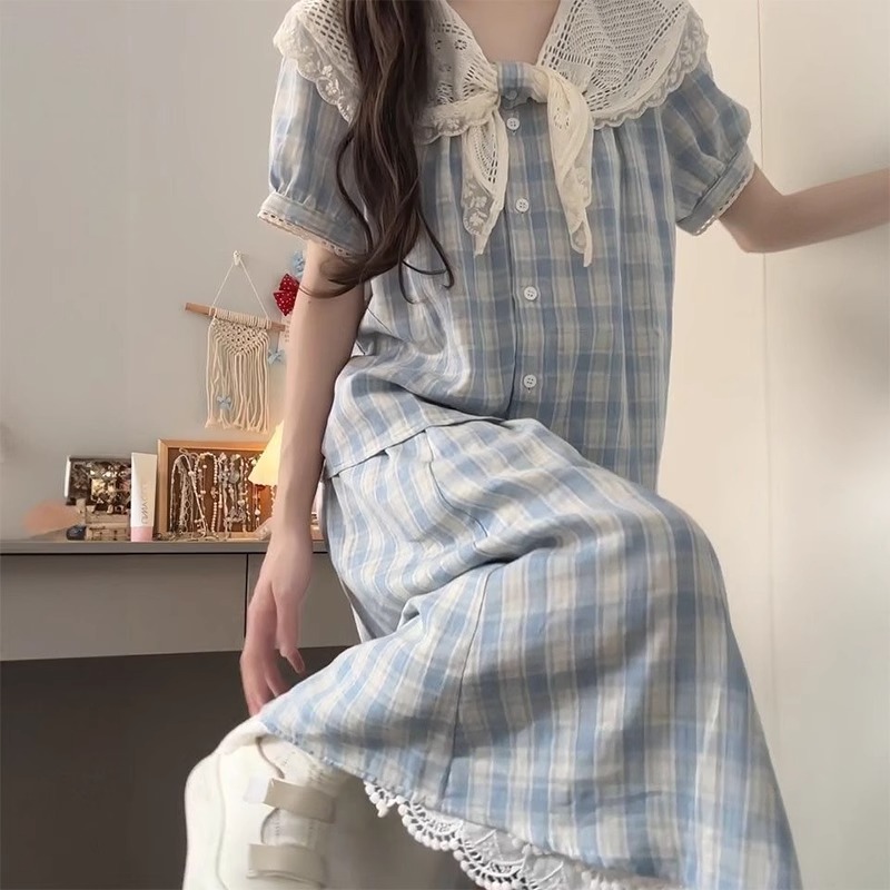 胖mm300斤森系格子衬衫+半身裙夏