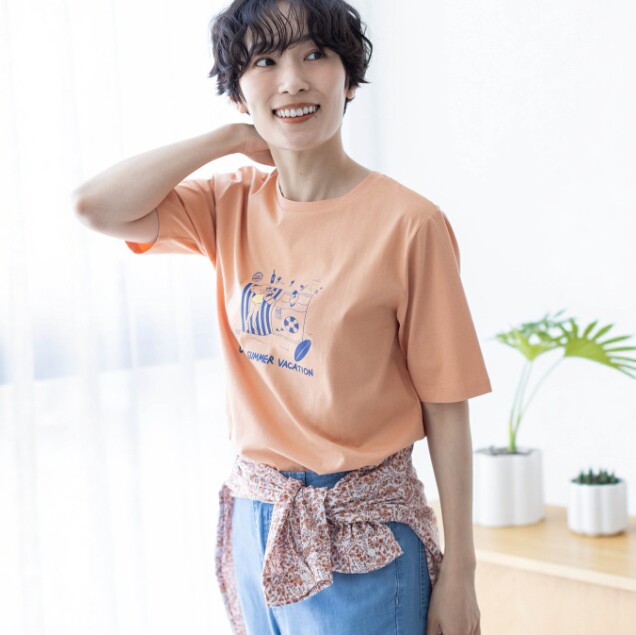 日系原单高品质美式休闲印花短袖T恤女宽松圆领上衣橙色卡通T恤