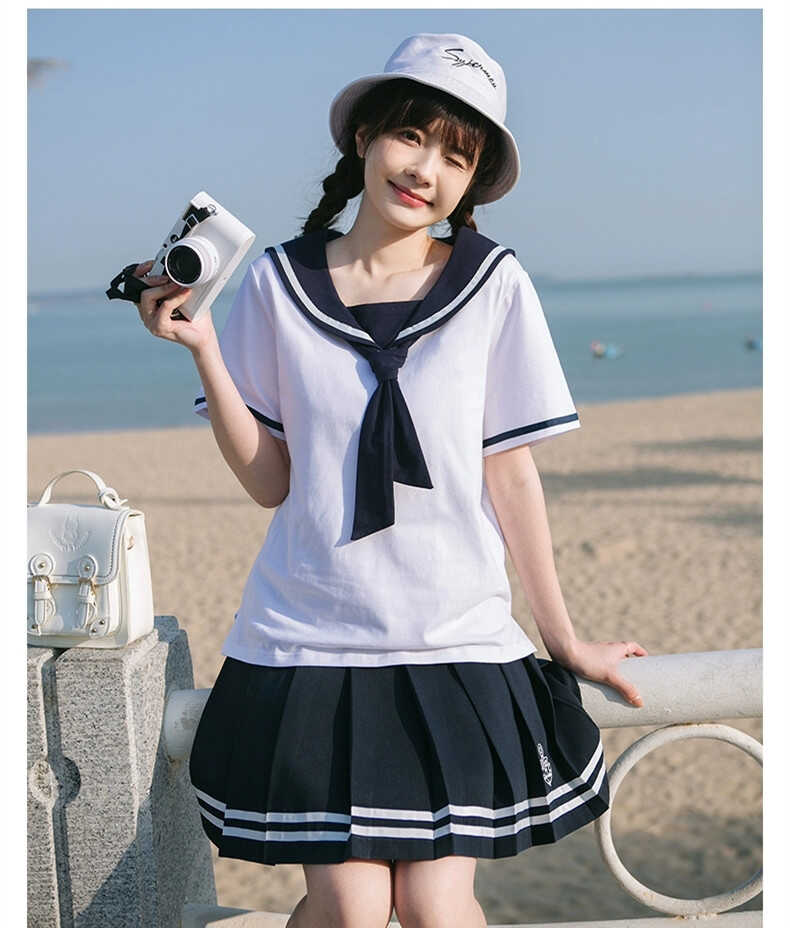 学院海军领棉质T恤夏季新款300斤大码学生水手服宽松显瘦上衣AA-3