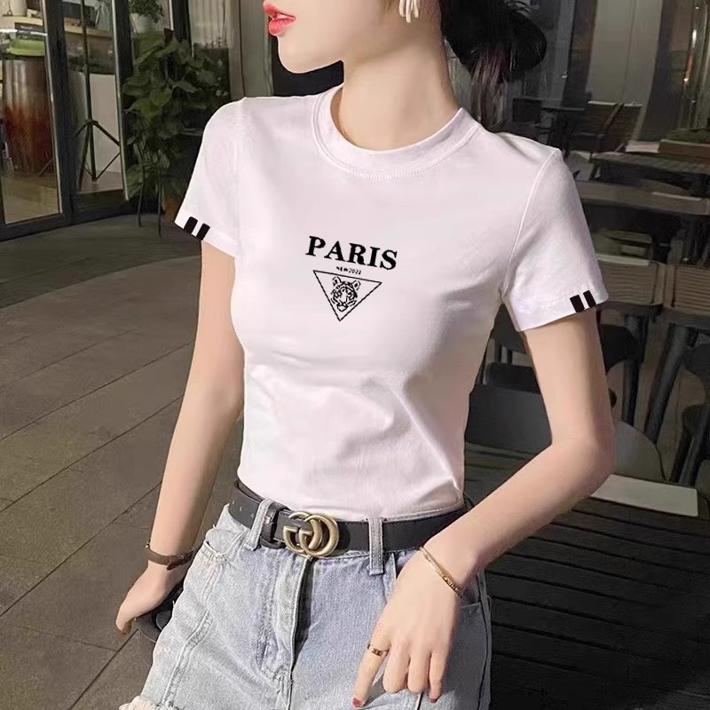 白色修身圆领短袖T恤女2025新款欧洲站夏季爆款纯棉印花显瘦体恤