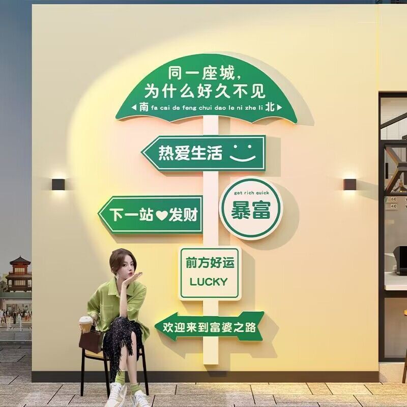 路牌打卡拍照区布置墙面装饰奶茶咖啡美甲网红打卡背景墙贴纸