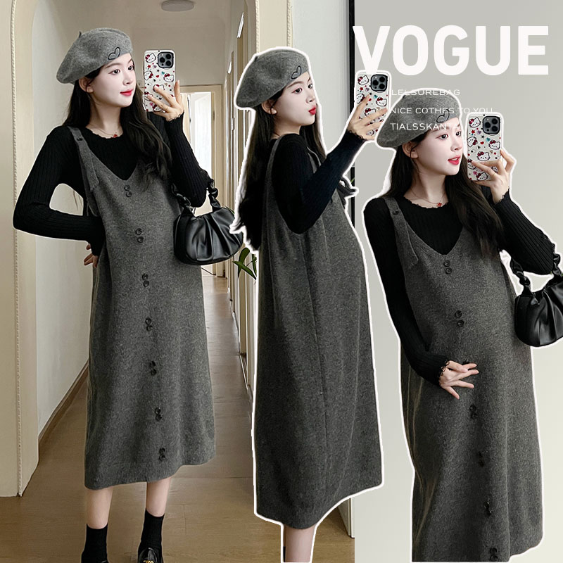 孕妇春秋季新款套装外穿韩版针织加厚毛衣+宽松背带裙减龄两件套