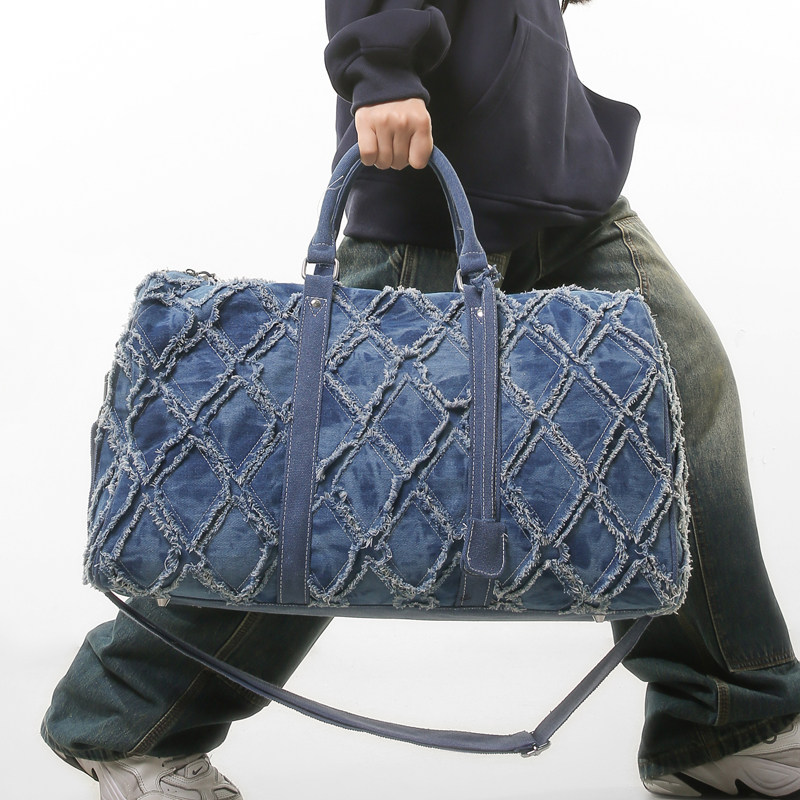 旅行包行李袋男女休闲帆布大容量短途包水洗牛仔布斜挎手提健身包